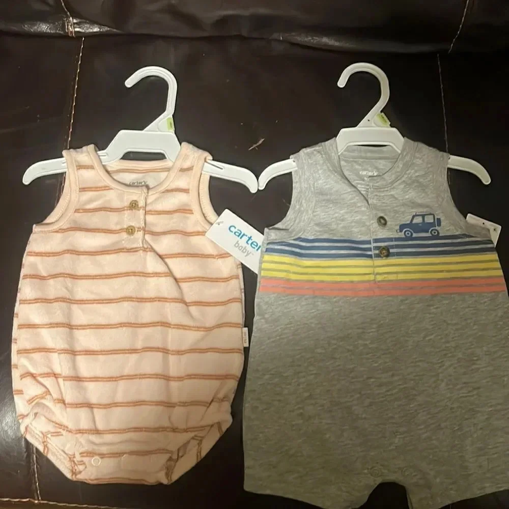 2 Carter's Baby Boys Size 3M Sleeveless Gray Jeep and Stripe Summer Romper